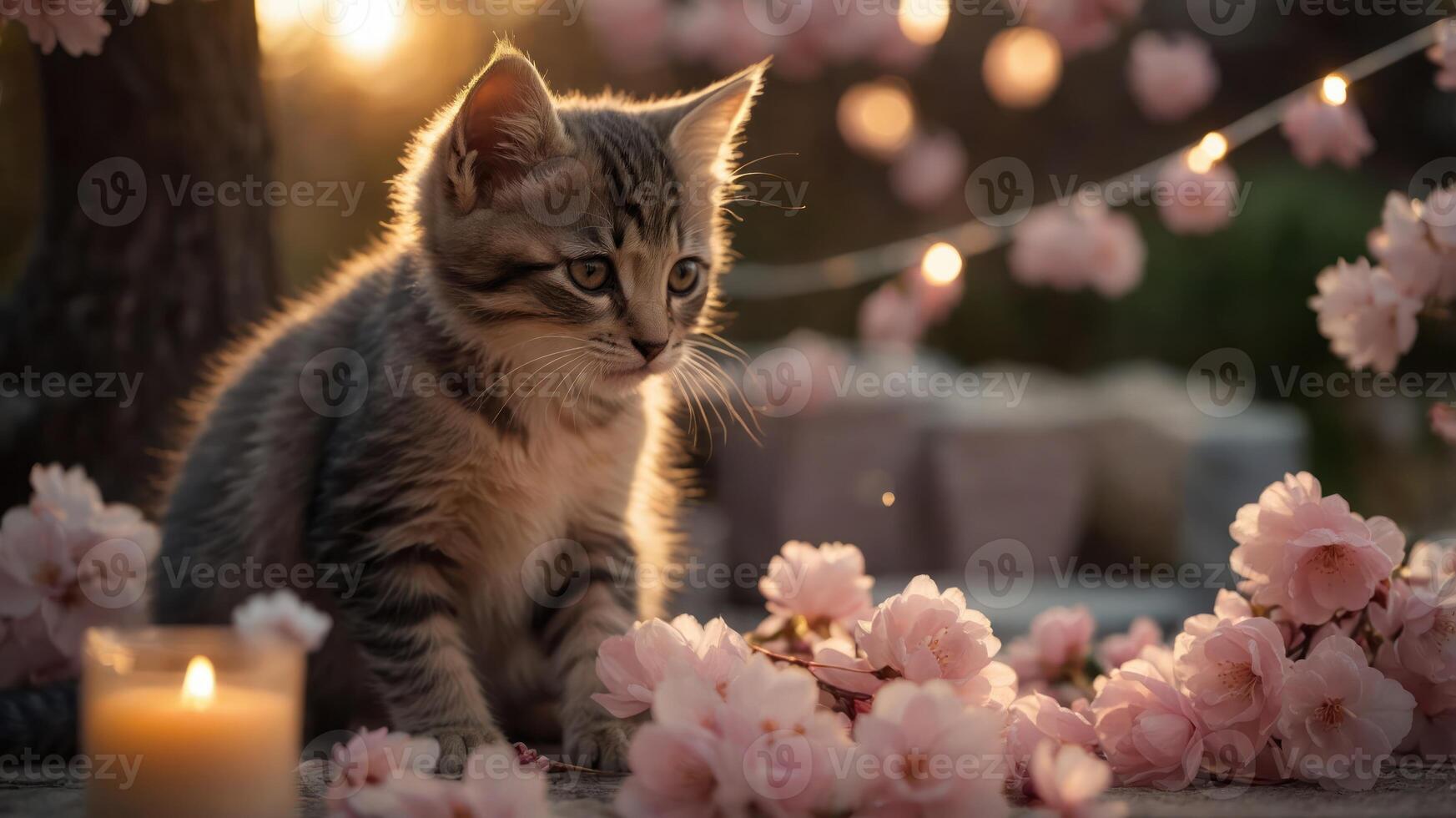 A serene kitten surrounded by cherry blossoms and a candle, capturing a peaceful moment. photo