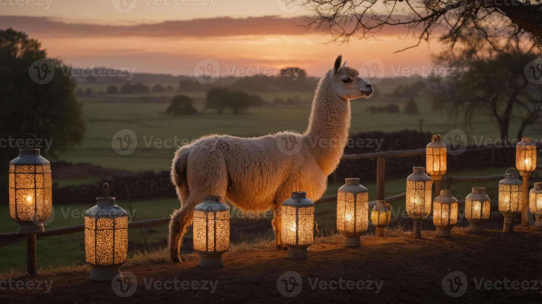 A serene llama stands beside glowing lanterns at sunset in a tranquil landscape. photo