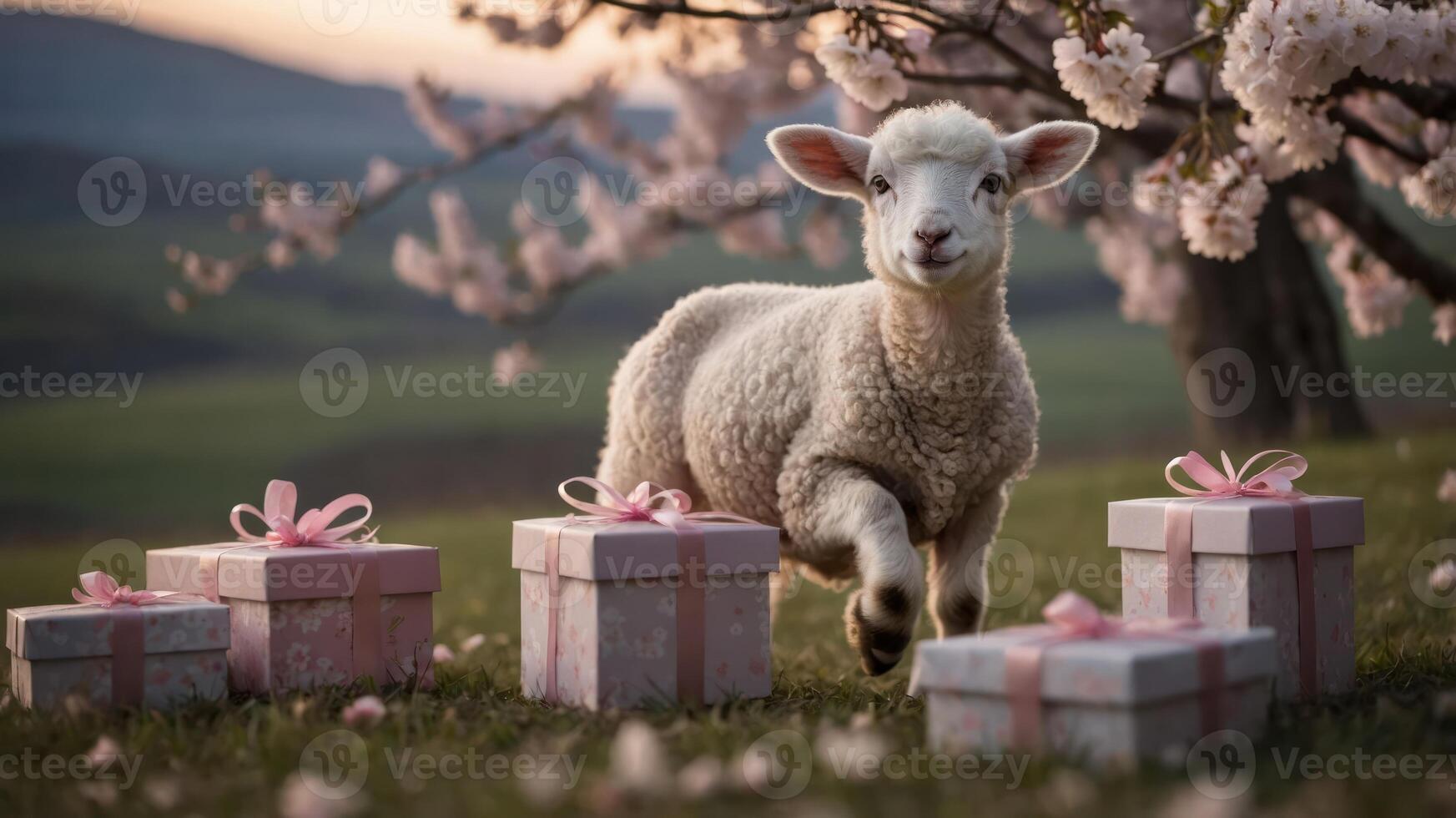 A playful lamb surrounded by gift boxes under blooming cherry trees at sunset. photo