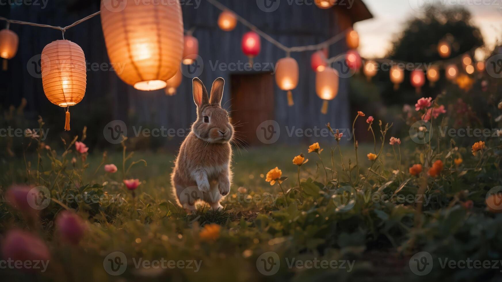 A playful rabbit in a flower-filled garden illuminated by lanterns at sunset. photo