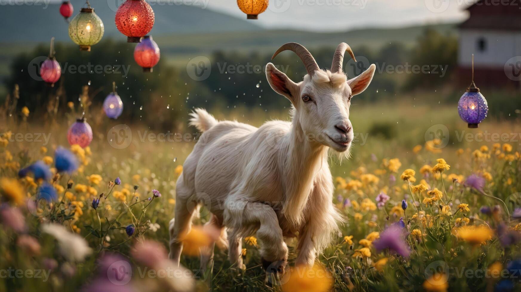 A playful goat frolics in a vibrant flower field adorned with colorful lanterns. photo
