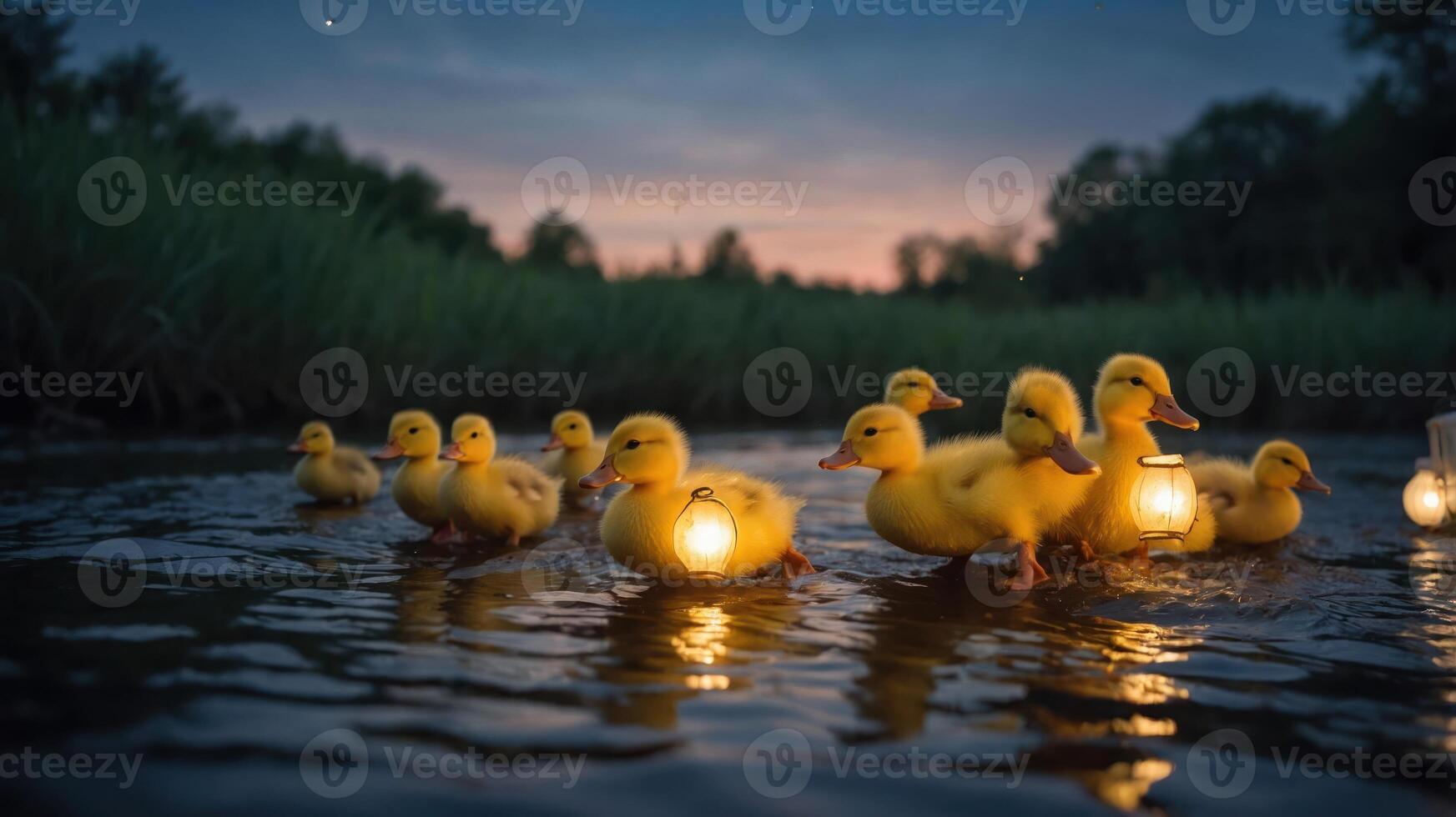 A serene scene of ducklings floating with glowing lanterns at dusk. photo