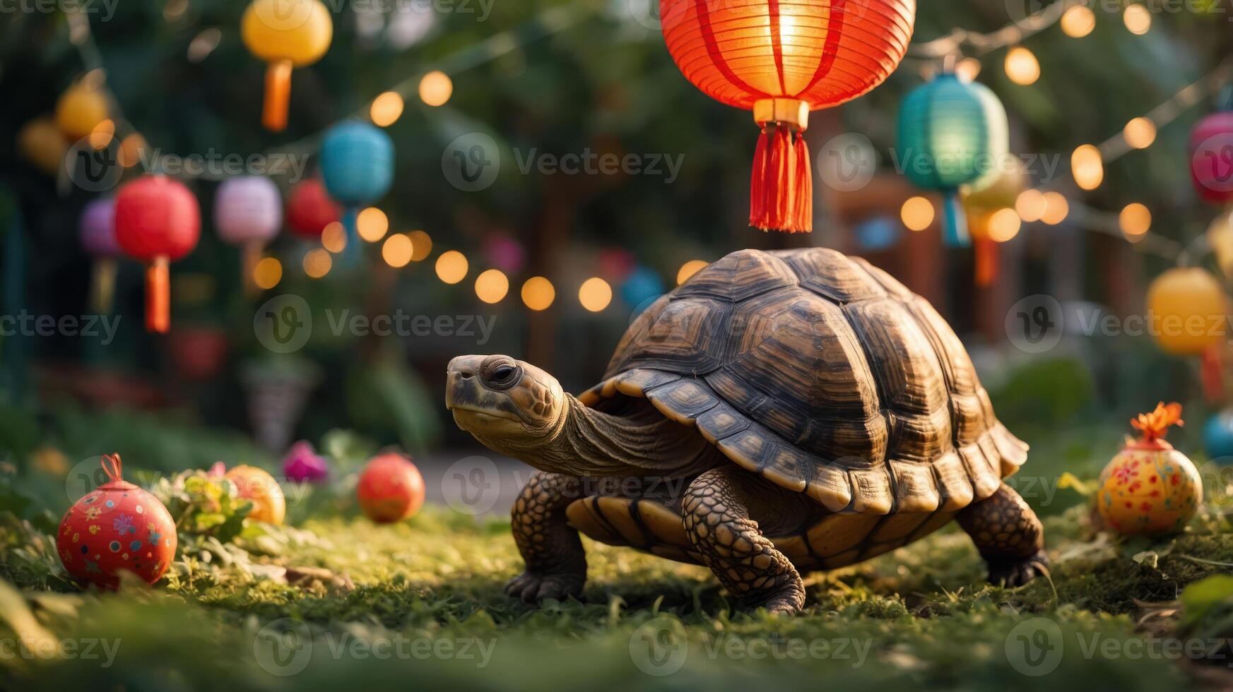 A tortoise in a festive garden with lanterns and decorations. photo