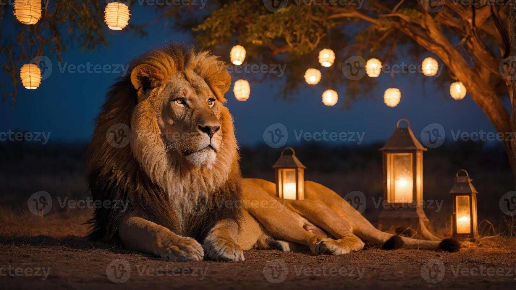A majestic lion rests under a tree adorned with glowing lanterns in a serene nighttime setting. photo