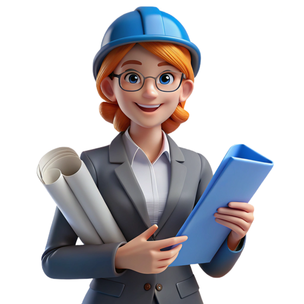 radiant tropical Female architect with blueprints NO BACKGROUND with Transparent Background. artisan png