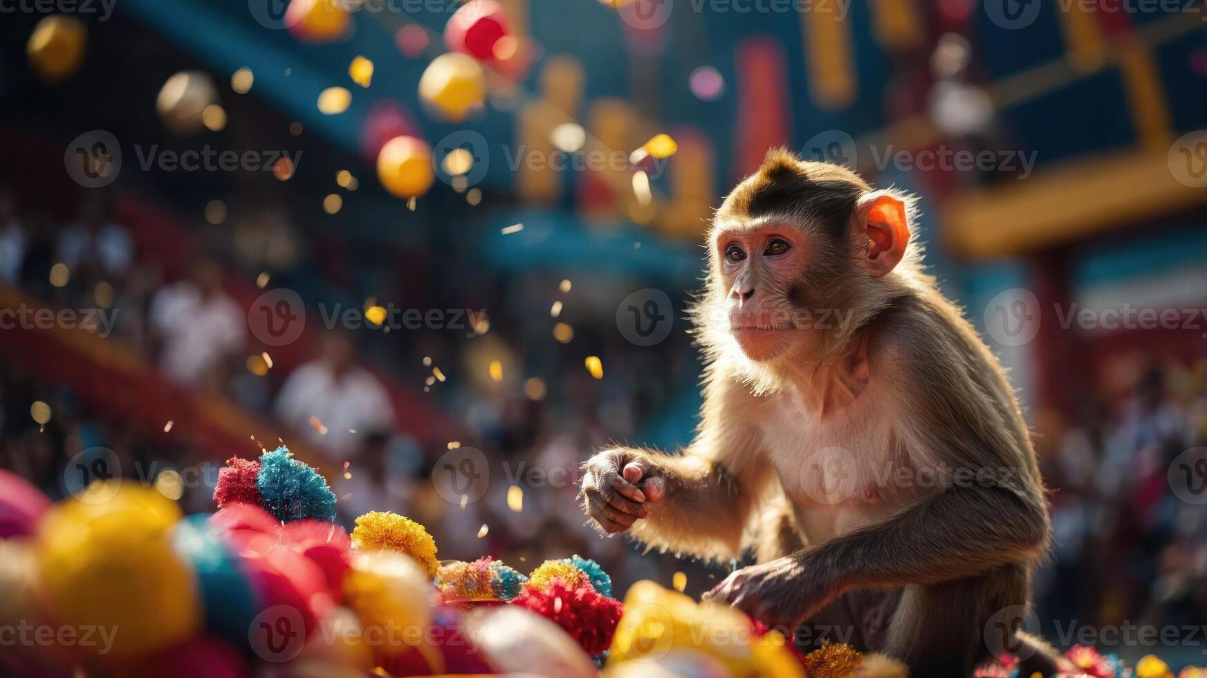 A monkey interacts playfully with colorful pom-poms in a lively setting. photo