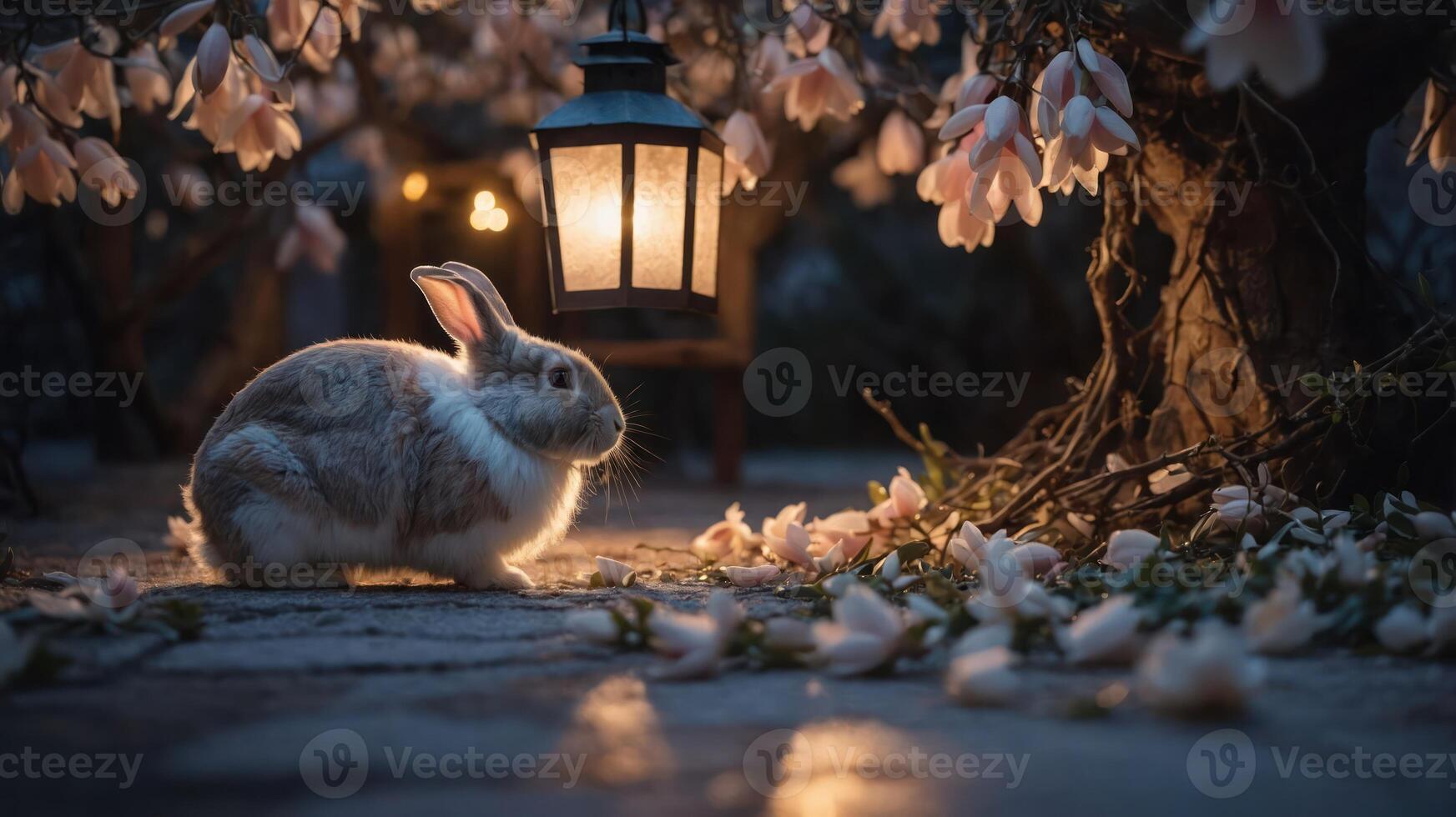 A serene scene featuring a rabbit near a lantern surrounded by blooming flowers at dusk. photo