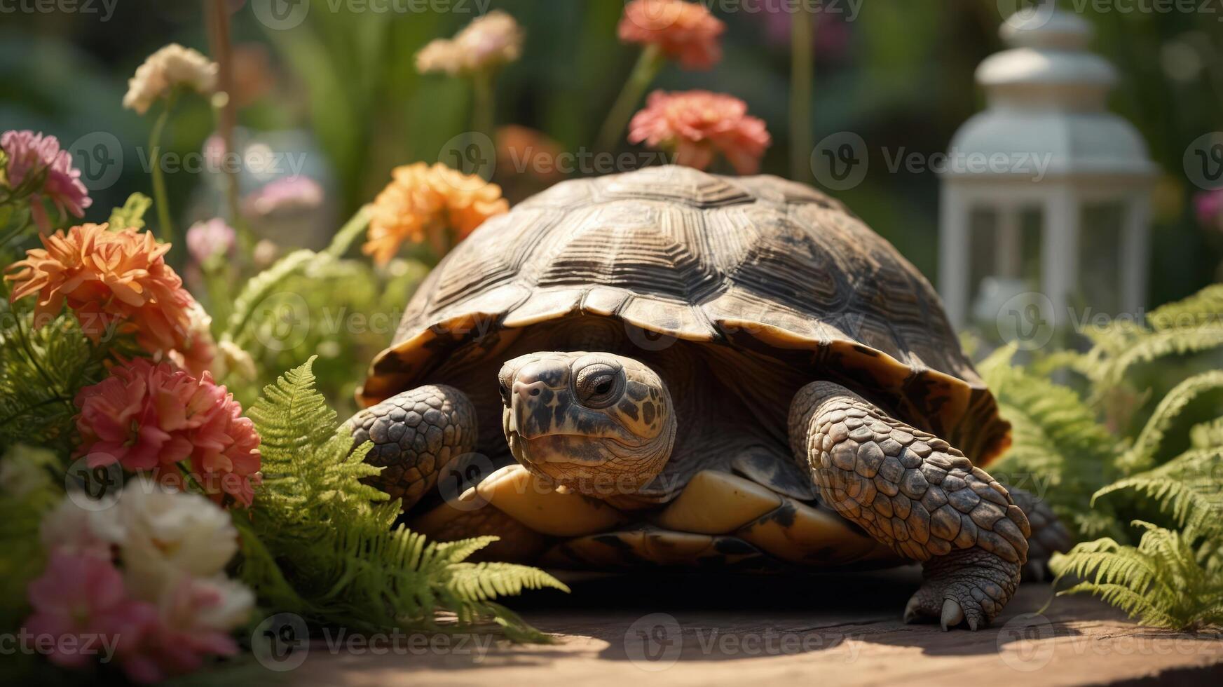 A turtle resting among colorful flowers and greenery in a serene garden setting. photo