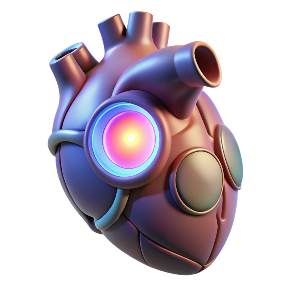 pristine unparalleled Cybernetic heart implant, artificial organ, glowing core. NO BACKGROUND with Transparent Background. png
