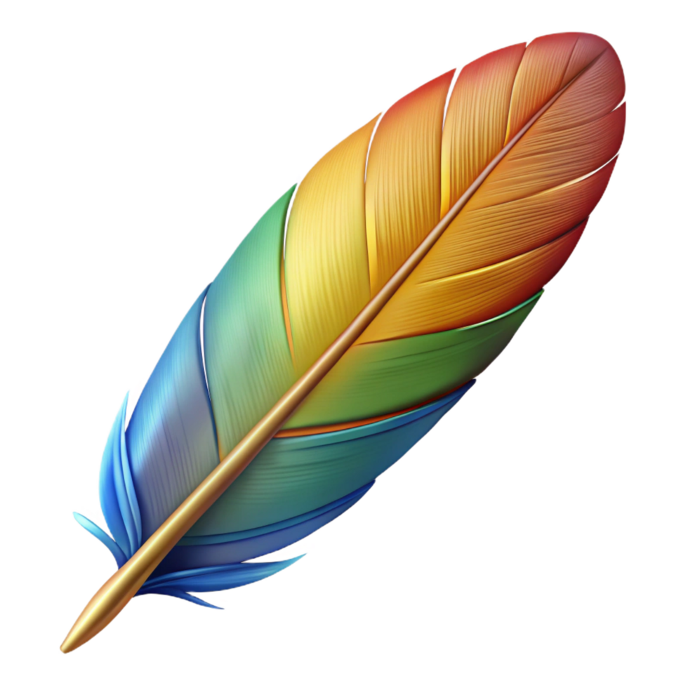 celebrated tropical Single bird feather, colorful, detailed texture, NO BACKGROUND with Transparent Background. sharp png