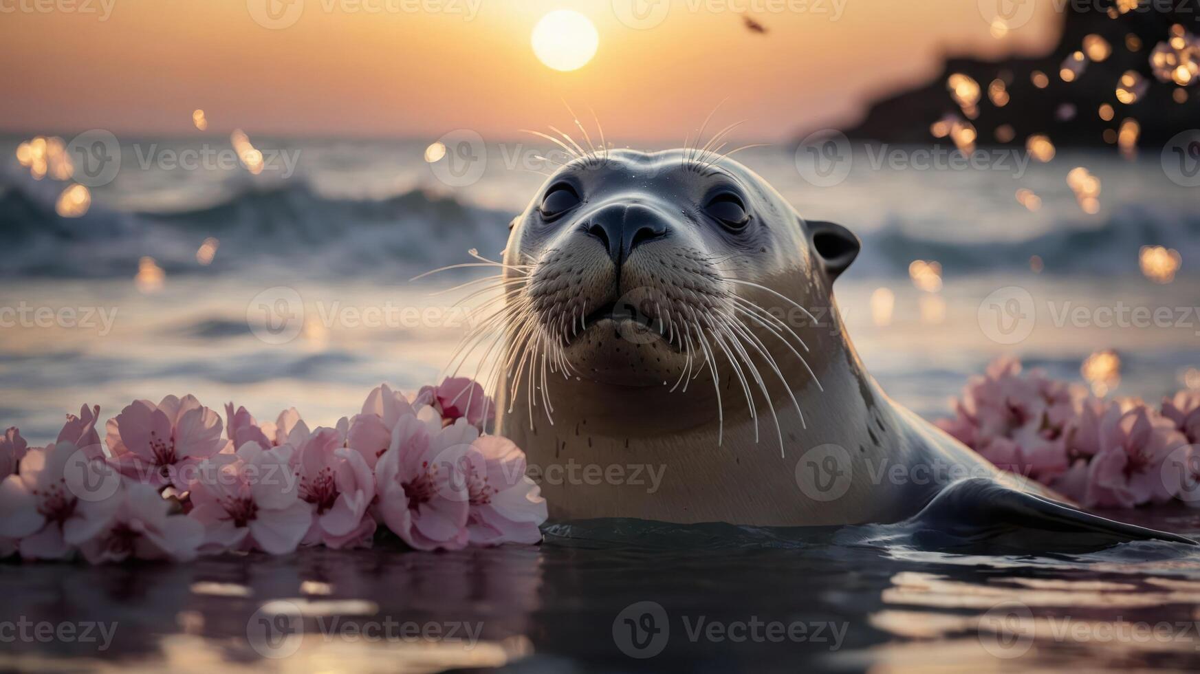 A seal surrounded by cherry blossoms in a serene ocean setting during sunset. photo