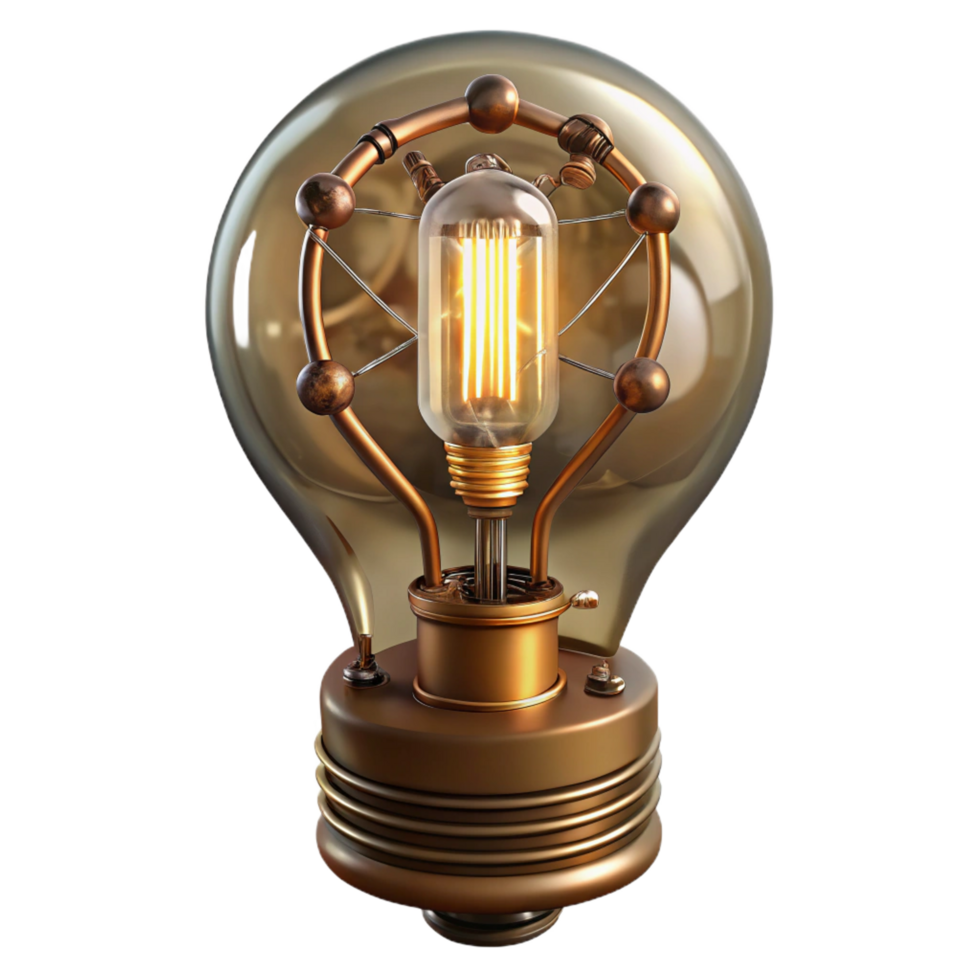 whimsical serene Steampunk light bulb with exposed filaments and intricate wiring. NO BACKGROUND with Transparent Background. flawless png