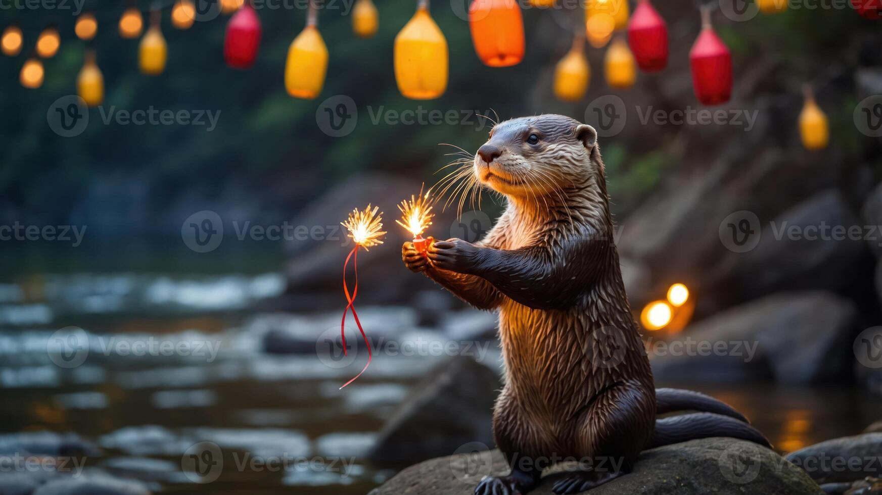 An otter joyfully holds sparklers by a river, surrounded by glowing lanterns. photo