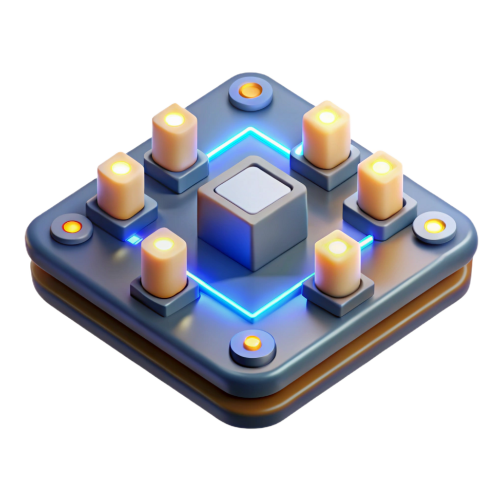 radiant geometric Circuit board with glowing LEDs, NO BACKGROUND with Transparent Background. professional png