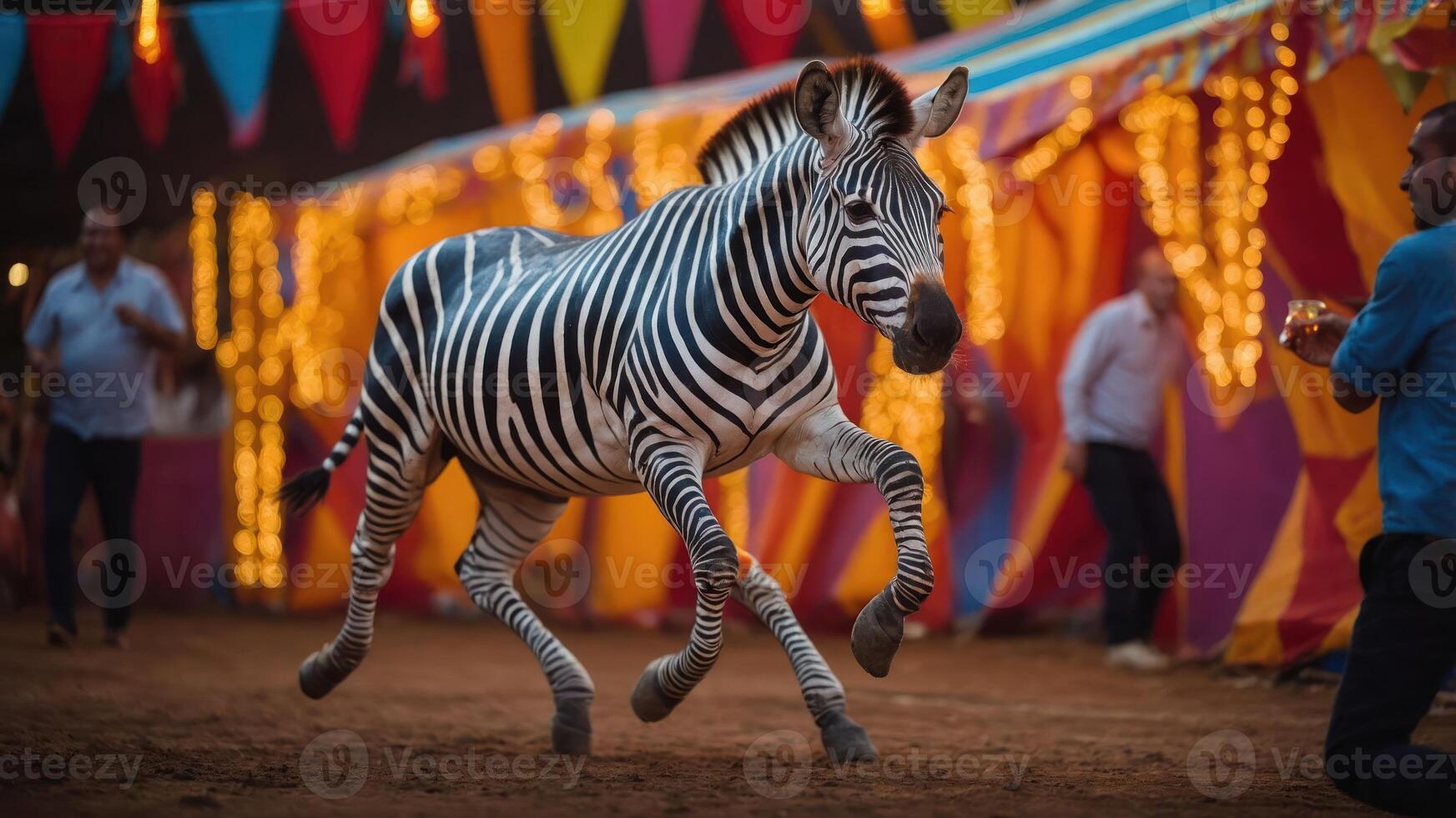 A zebra runs through a colorful circus setting filled with lights and festive decorations. photo