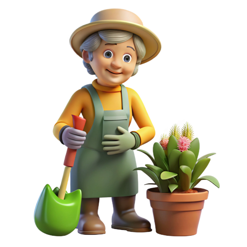 magnificent retro Elderly woman gardening NO BACKGROUND with Transparent Background. crisp png