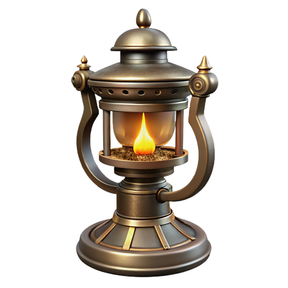tranquil spectacular Steampunk lamp with a flickering flame and ornate base. NO BACKGROUND with Transparent Background. fine detail png