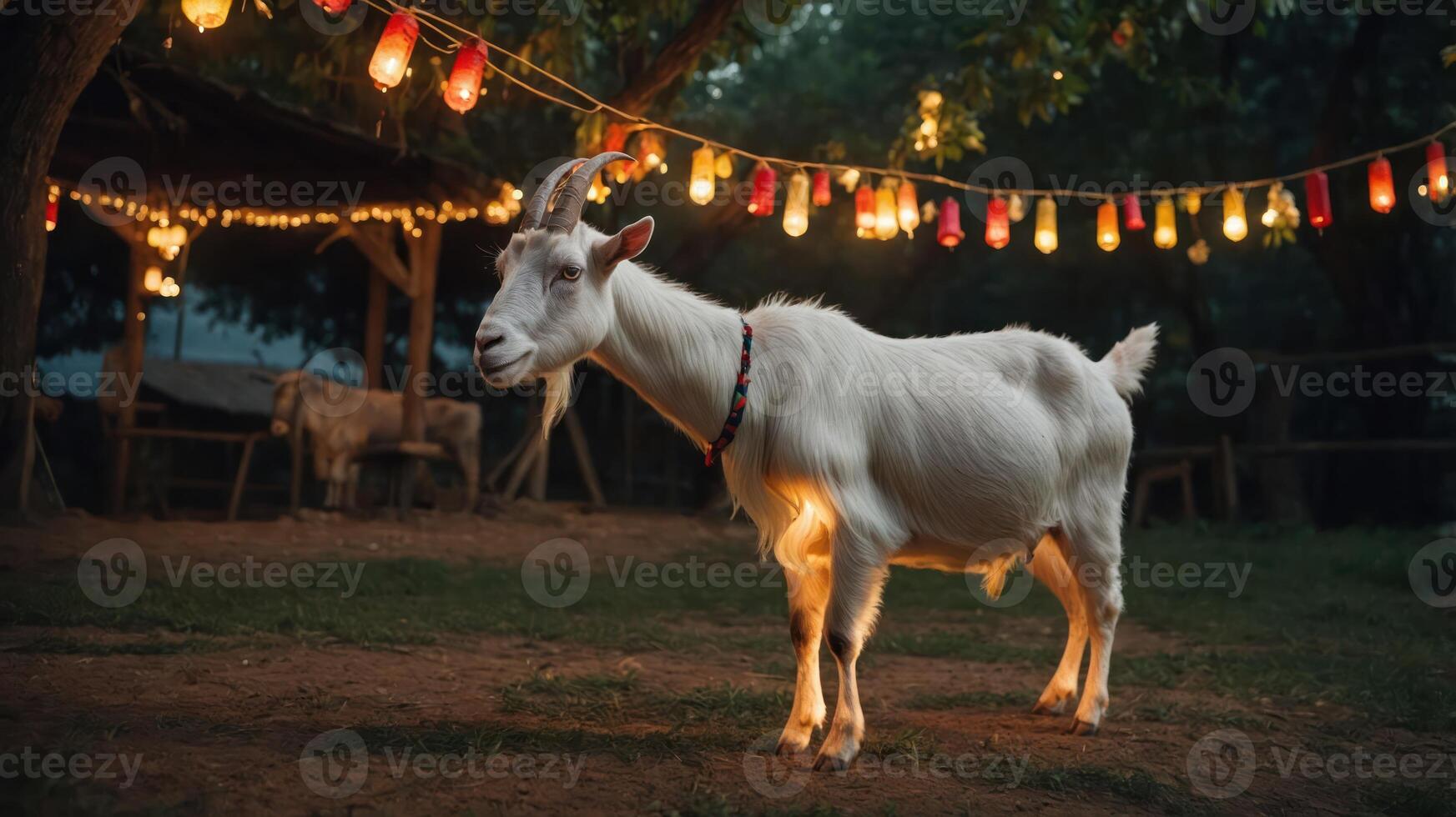 A goat stands in a softly lit outdoor area adorned with colorful lanterns. photo