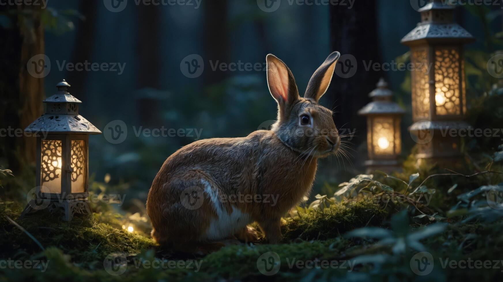 A serene rabbit surrounded by glowing lanterns in a mystical forest setting. photo