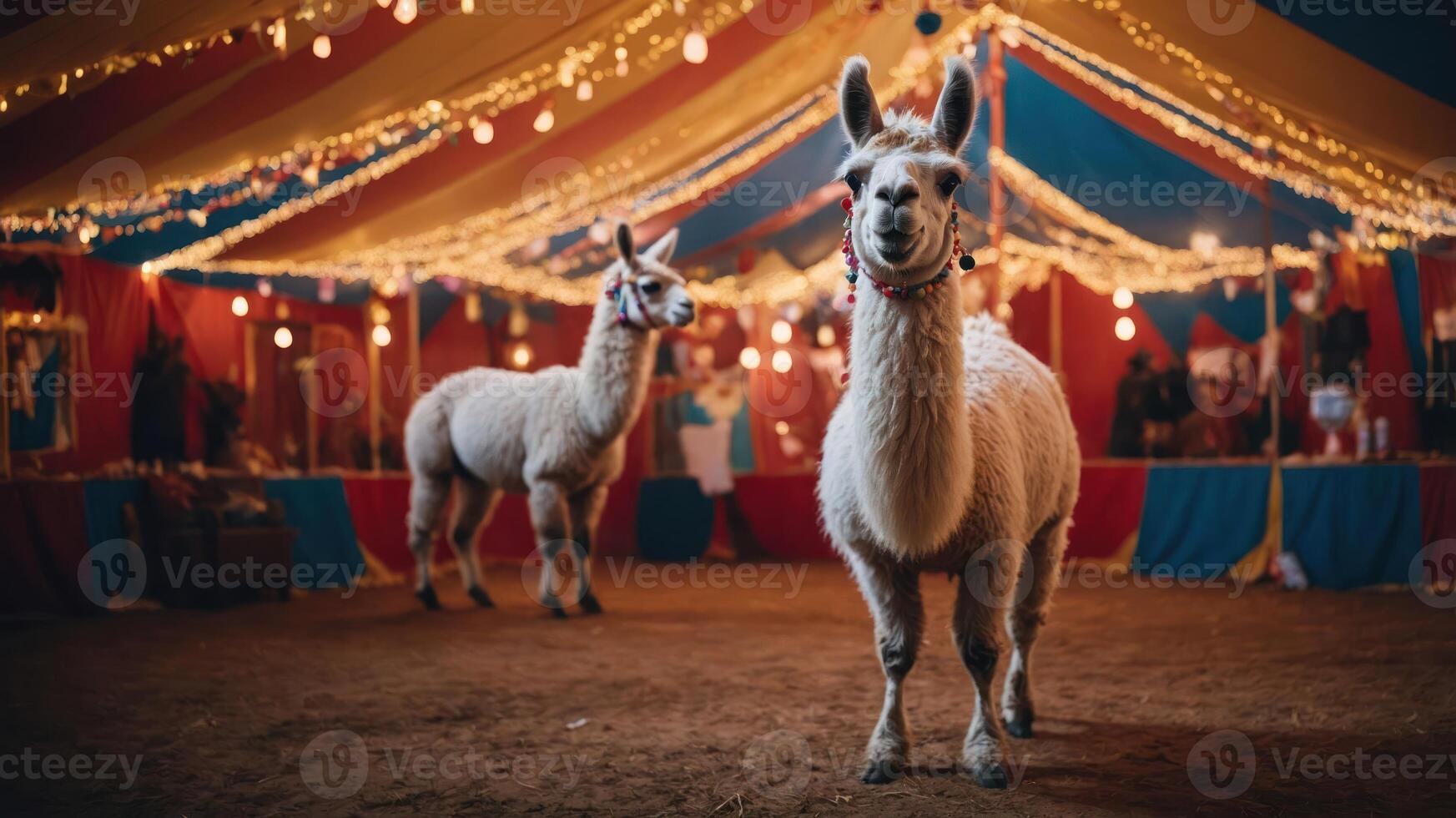 Llamas in a colorful circus tent with festive lights and decorations. photo