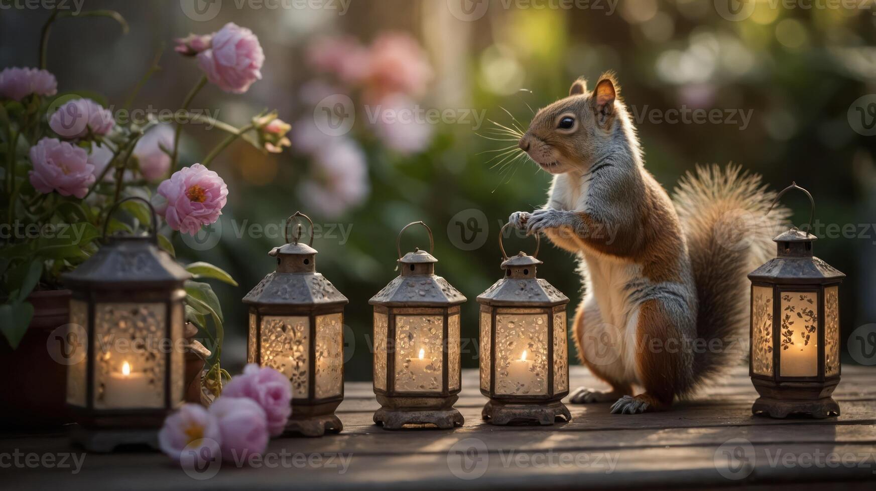 A squirrel interacts with lanterns amidst blooming flowers, creating a serene garden scene. photo