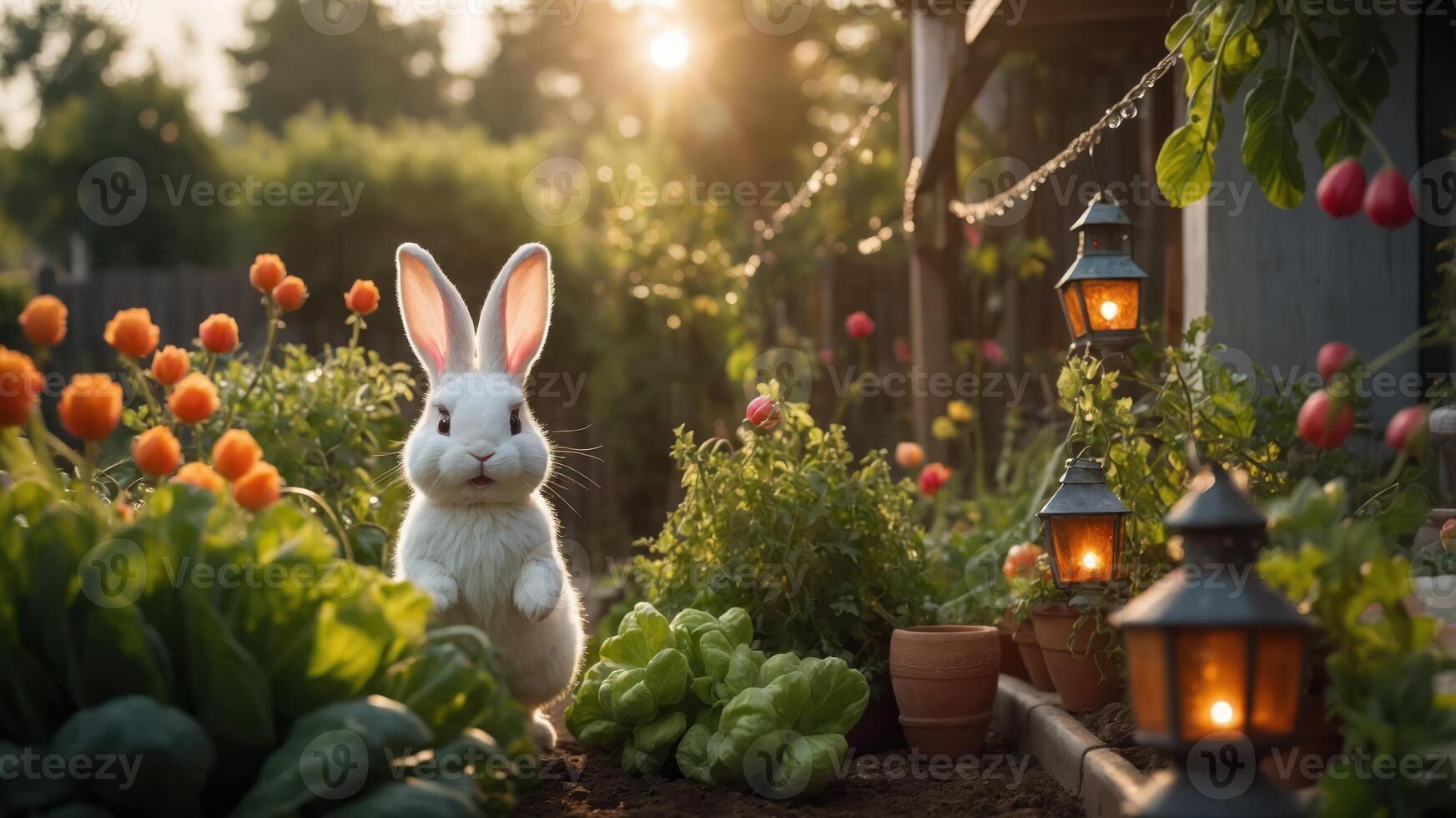 A whimsical garden scene featuring a rabbit among colorful flowers and vegetables at sunset. photo