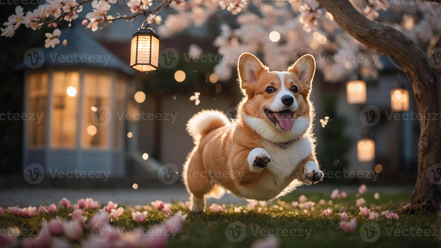 A joyful corgi leaps through a garden adorned with cherry blossoms and soft lighting. photo