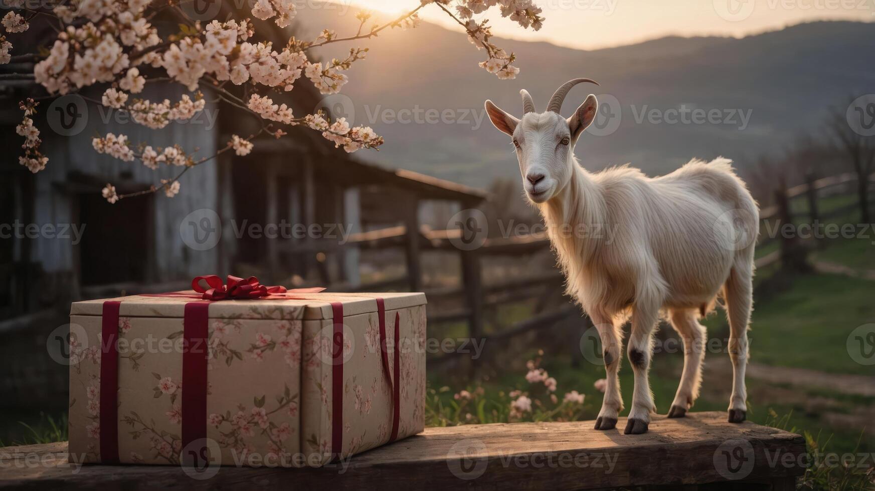 A goat stands beside a beautifully wrapped gift in a serene rural setting at sunset. photo
