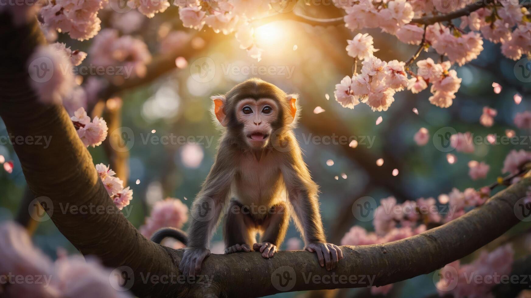 A young monkey perched on a branch amidst blooming cherry blossoms, illuminated by sunlight. photo