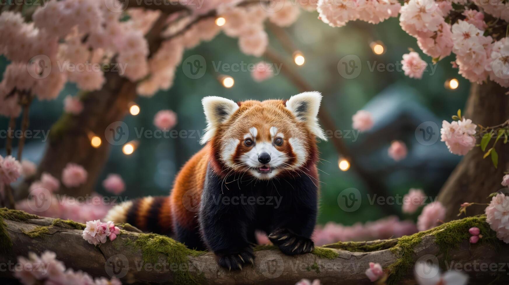 A red panda perched on a branch surrounded by cherry blossoms and soft lights. photo