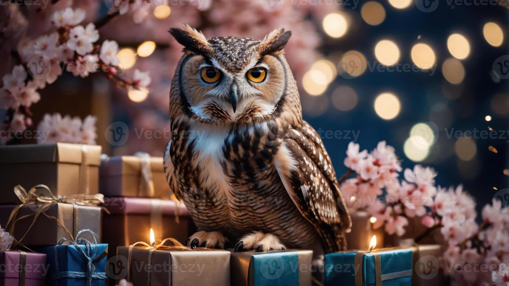 An owl perched on gift boxes surrounded by cherry blossoms and soft lights. photo
