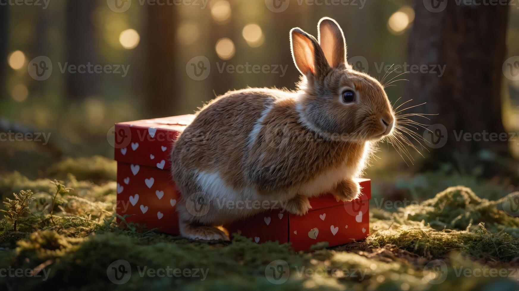 A rabbit sits on a gift box in a forest, illuminated by soft sunlight. photo