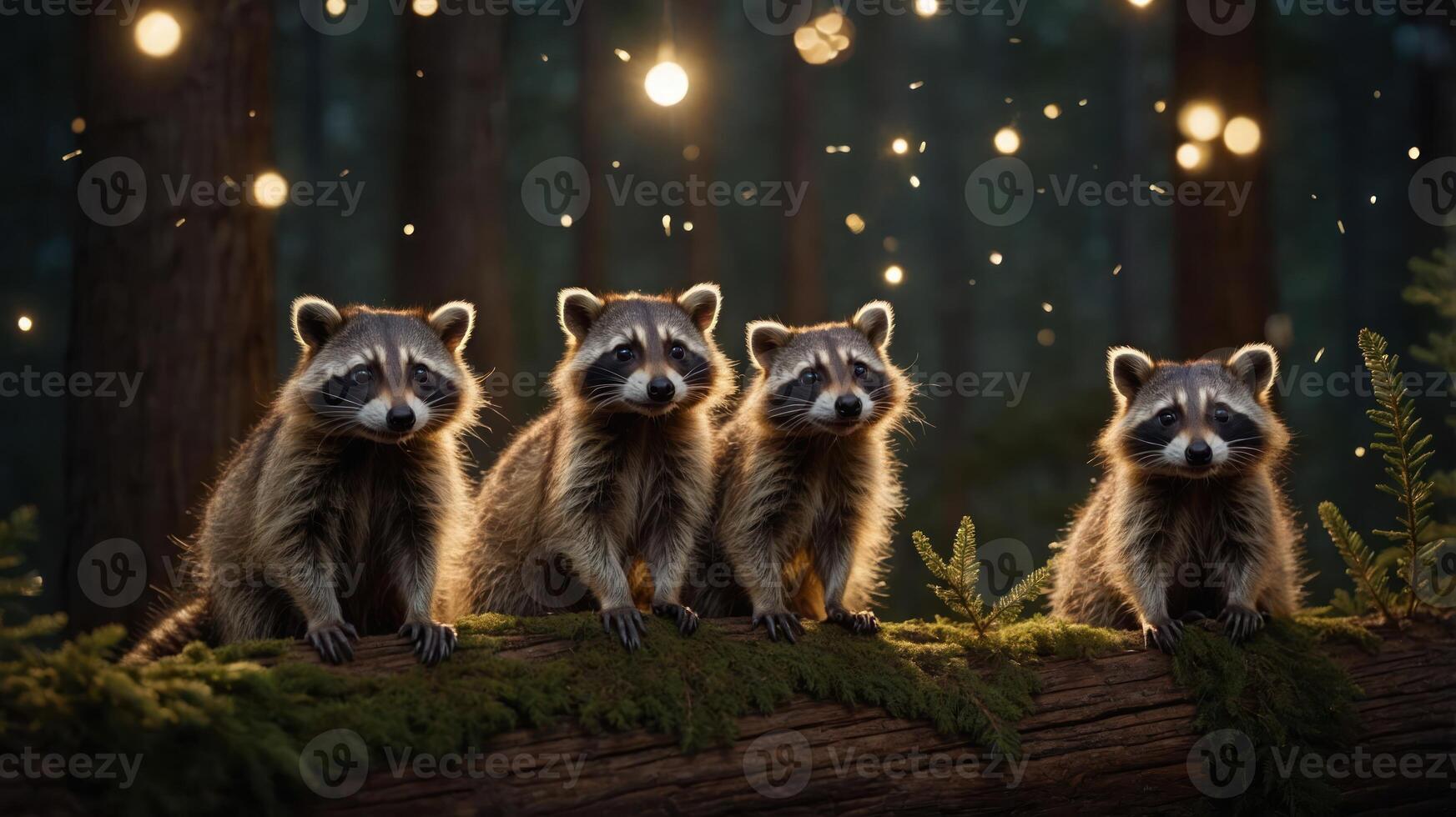 Four raccoons sitting on a log in a forest, illuminated by soft, glowing lights. photo