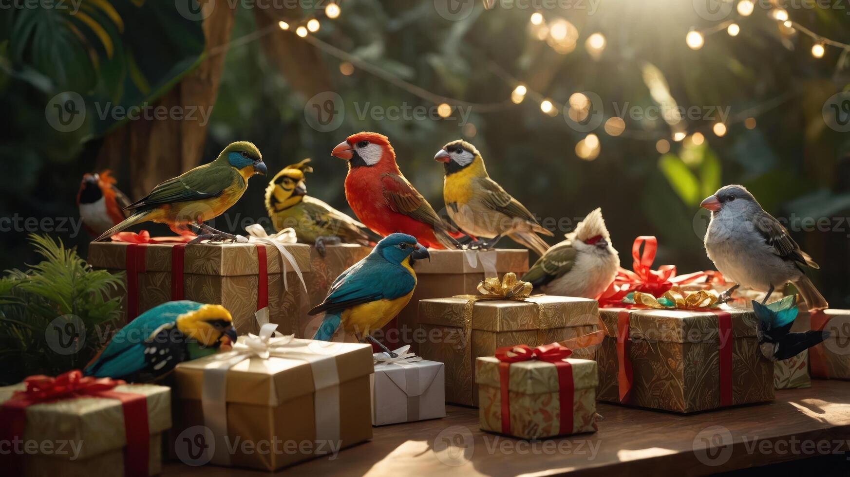 Colorful birds perched on gift boxes in a festive, nature-inspired setting. photo