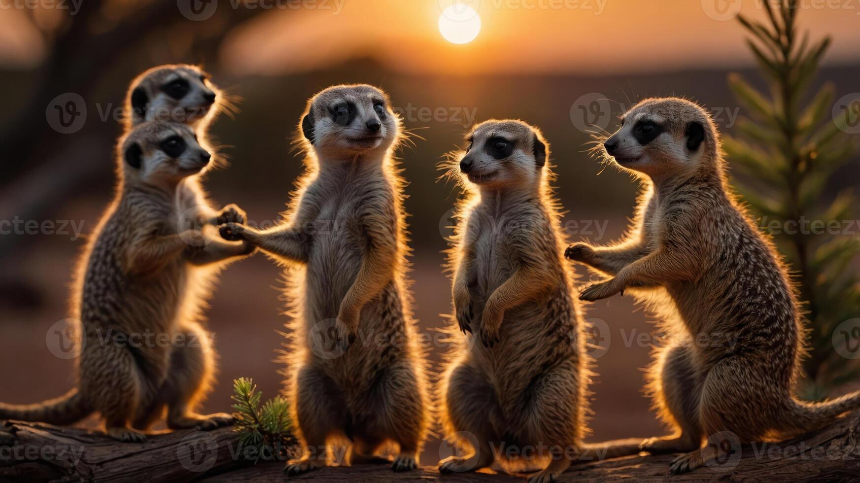 A group of meerkats interacting during sunset, showcasing their social behavior. photo
