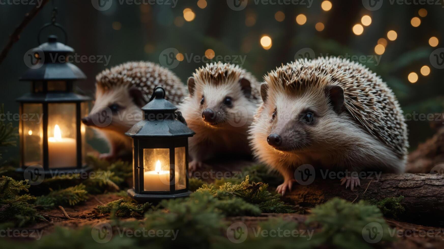 Three hedgehogs near lanterns in a forest setting, creating a cozy atmosphere. photo