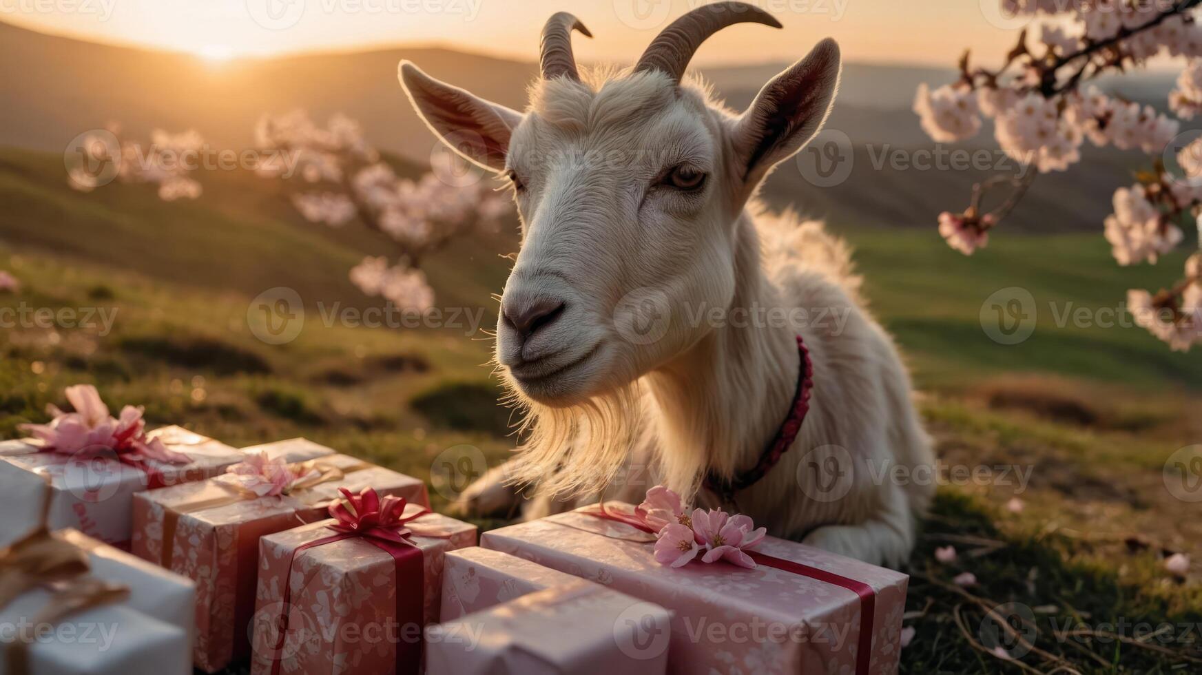 A goat surrounded by gifts under cherry blossom trees at sunset. photo