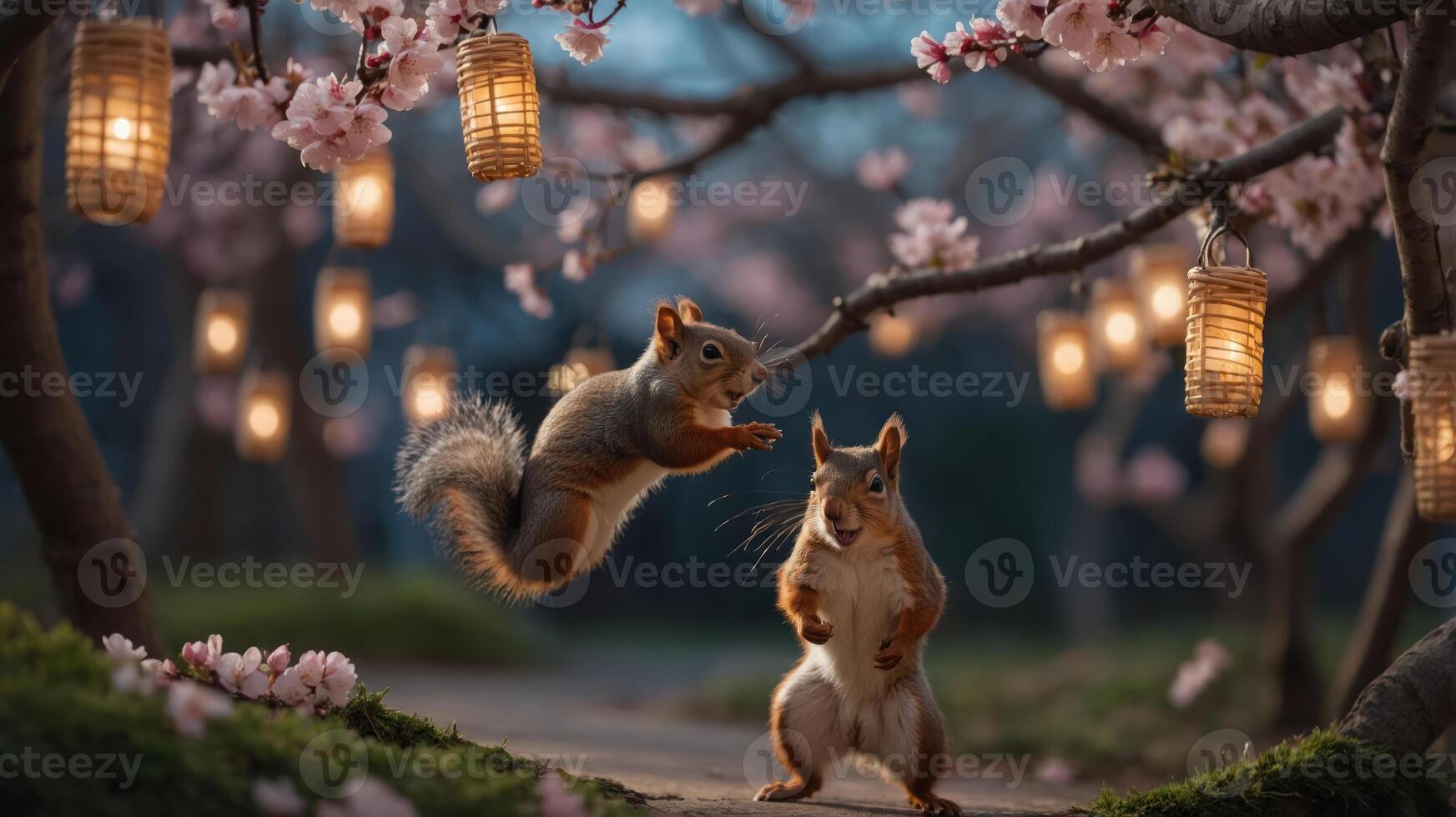 Two squirrels play among cherry blossoms and lanterns in a serene evening setting. photo