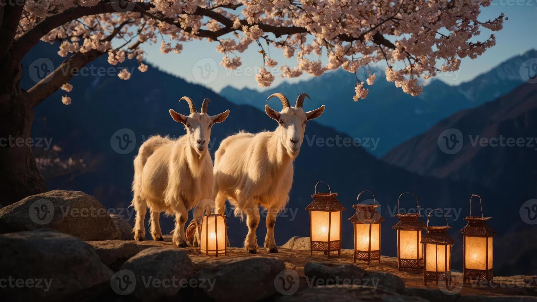 Two goats stand under a cherry blossom tree, illuminated by lanterns at dusk. photo