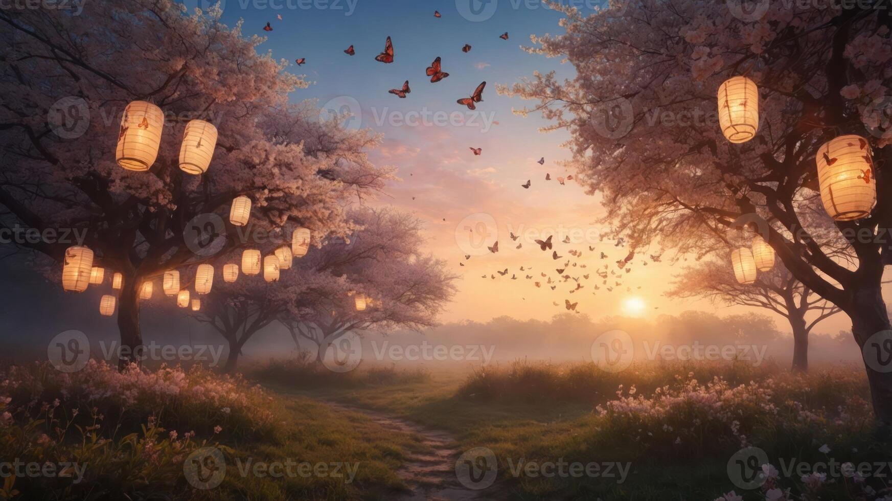 Serene landscape with cherry blossom trees, lanterns, and butterflies at sunset. photo