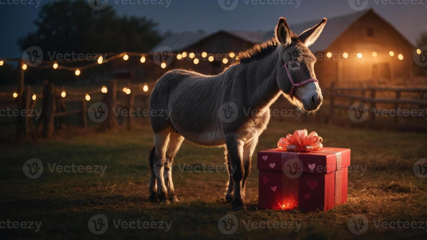 A donkey stands beside a gift box adorned with a bow in a festive, illuminated barn setting. photo