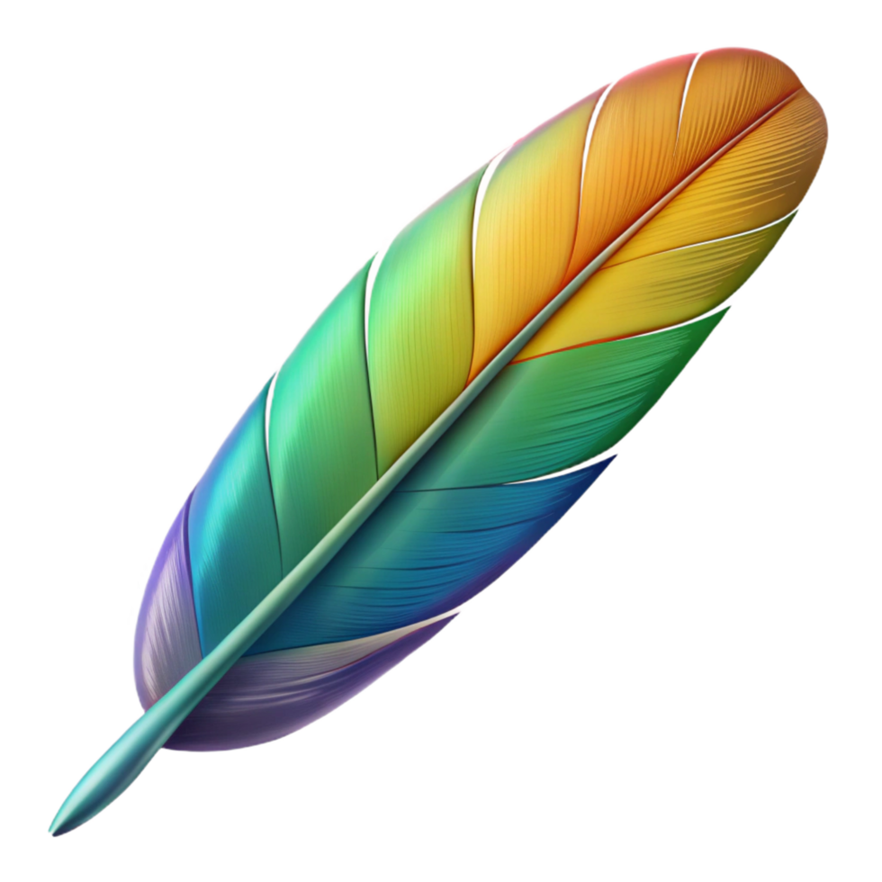 fascinating reflective classic Single bird feather, colorful, detailed texture, NO BACKGROUND with Transparent Background. studio quality png