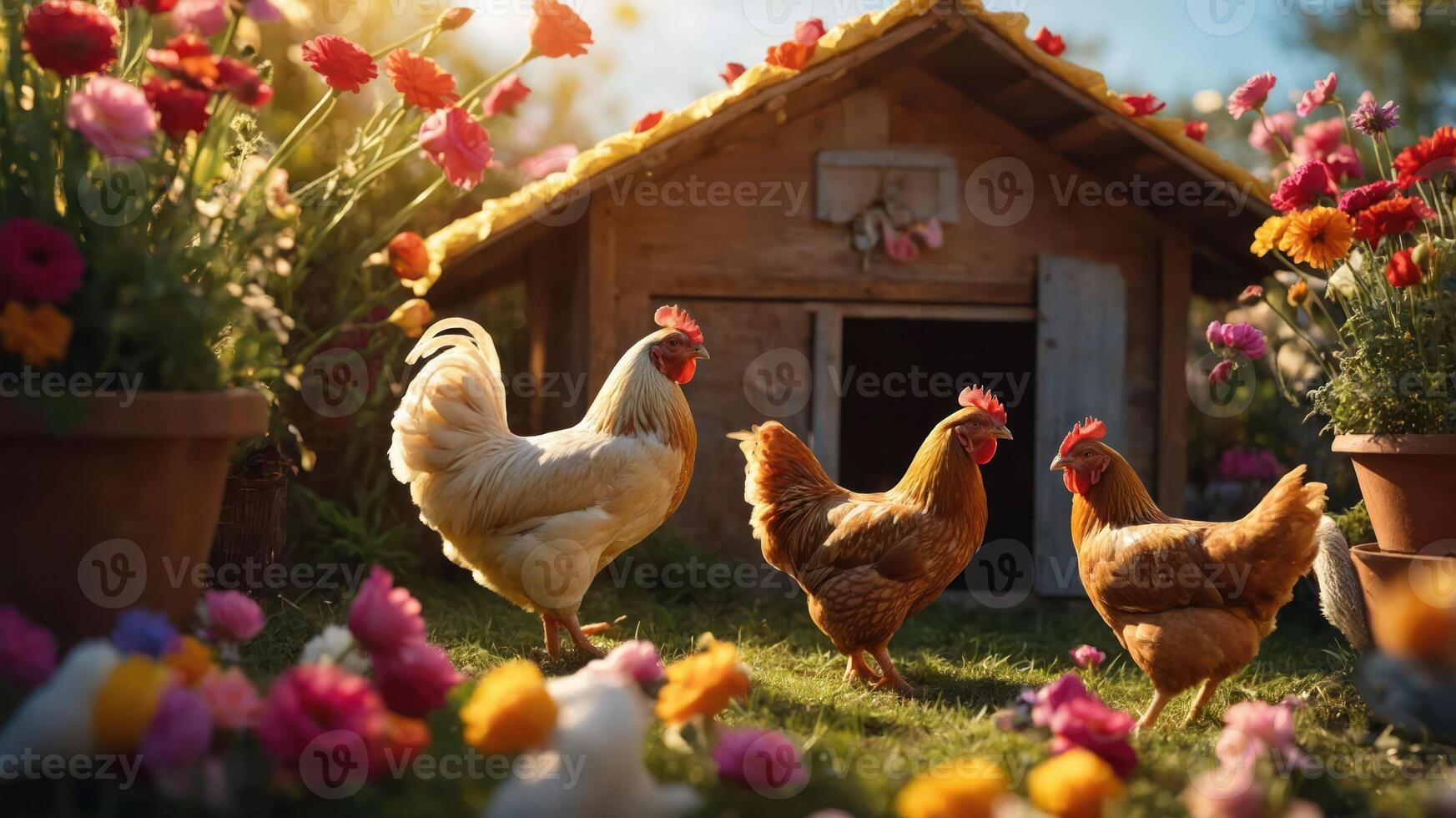 A serene scene with chickens in a flower-filled garden near a cozy chicken coop. photo