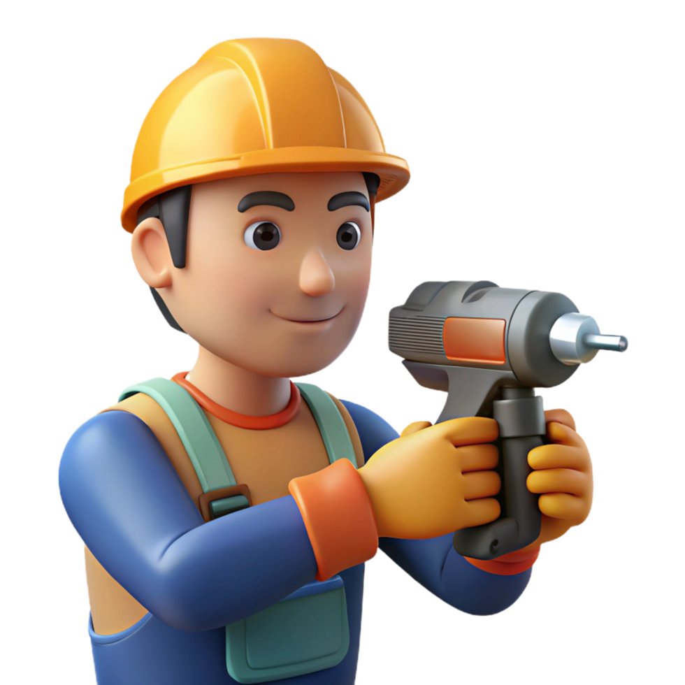 majestic joyful traditional Construction worker using power drill NO BACKGROUND with Transparent Background. genuine png