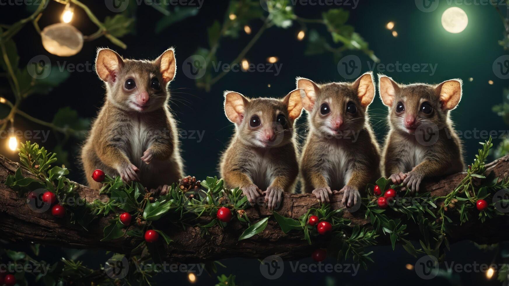 Four cute animals perched on a branch adorned with foliage and berries under a moonlit sky. photo