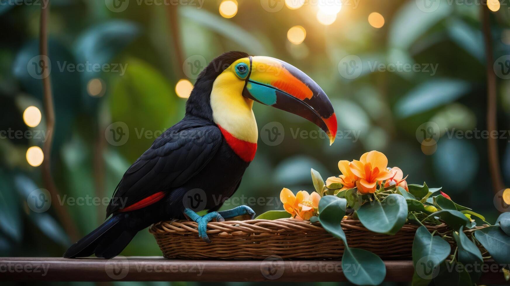 A vibrant toucan perched beside colorful flowers in a natural setting. photo