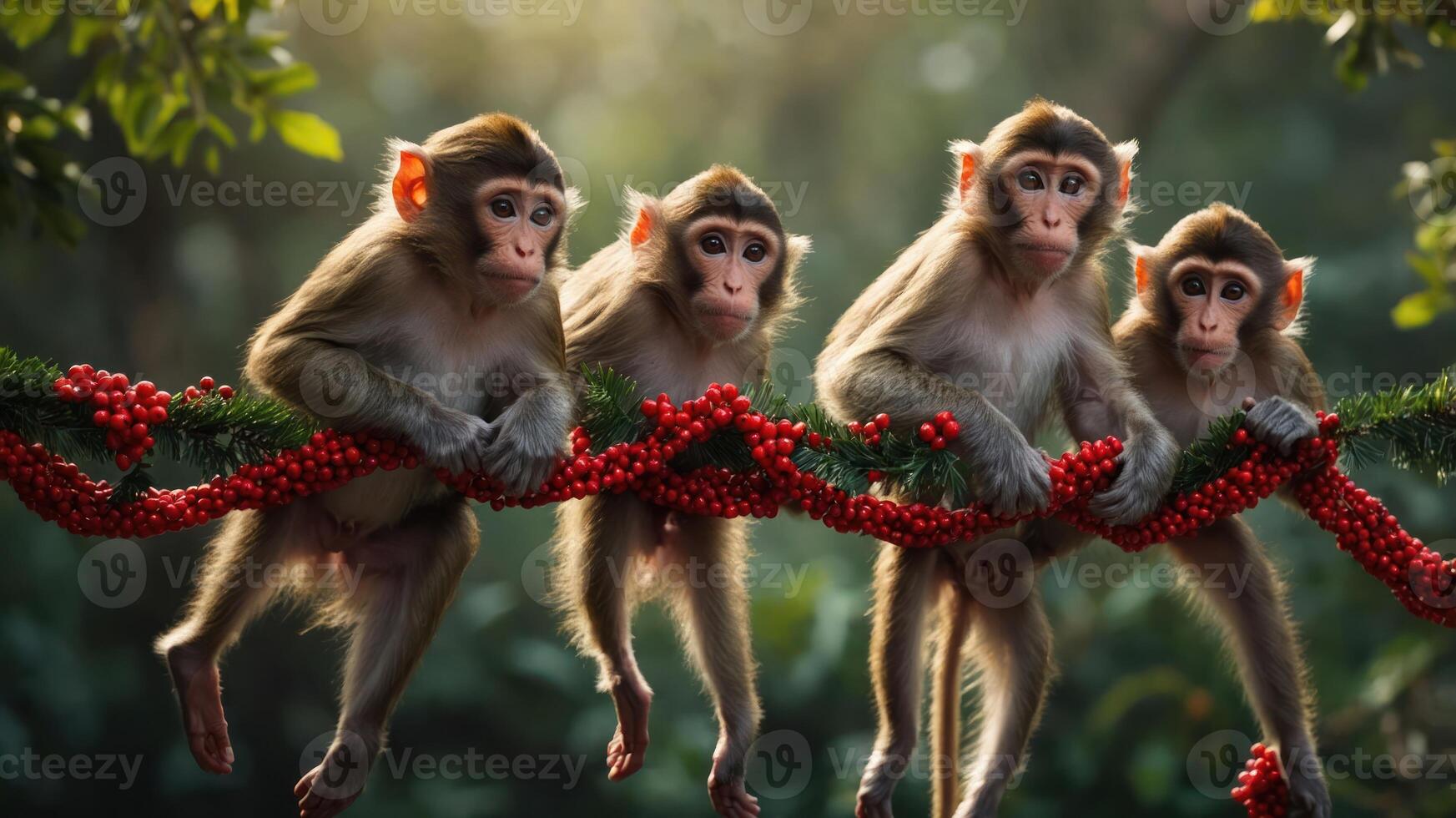 Four monkeys hanging on a festive garland with red berries in a natural setting. photo
