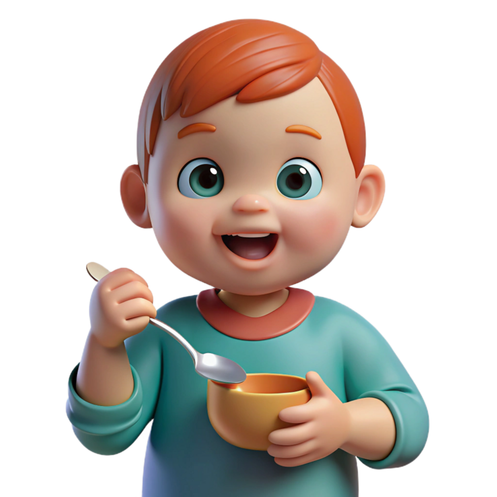 inspired industrial Toddler eating with spoon NO BACKGROUND with Transparent Background. refined png