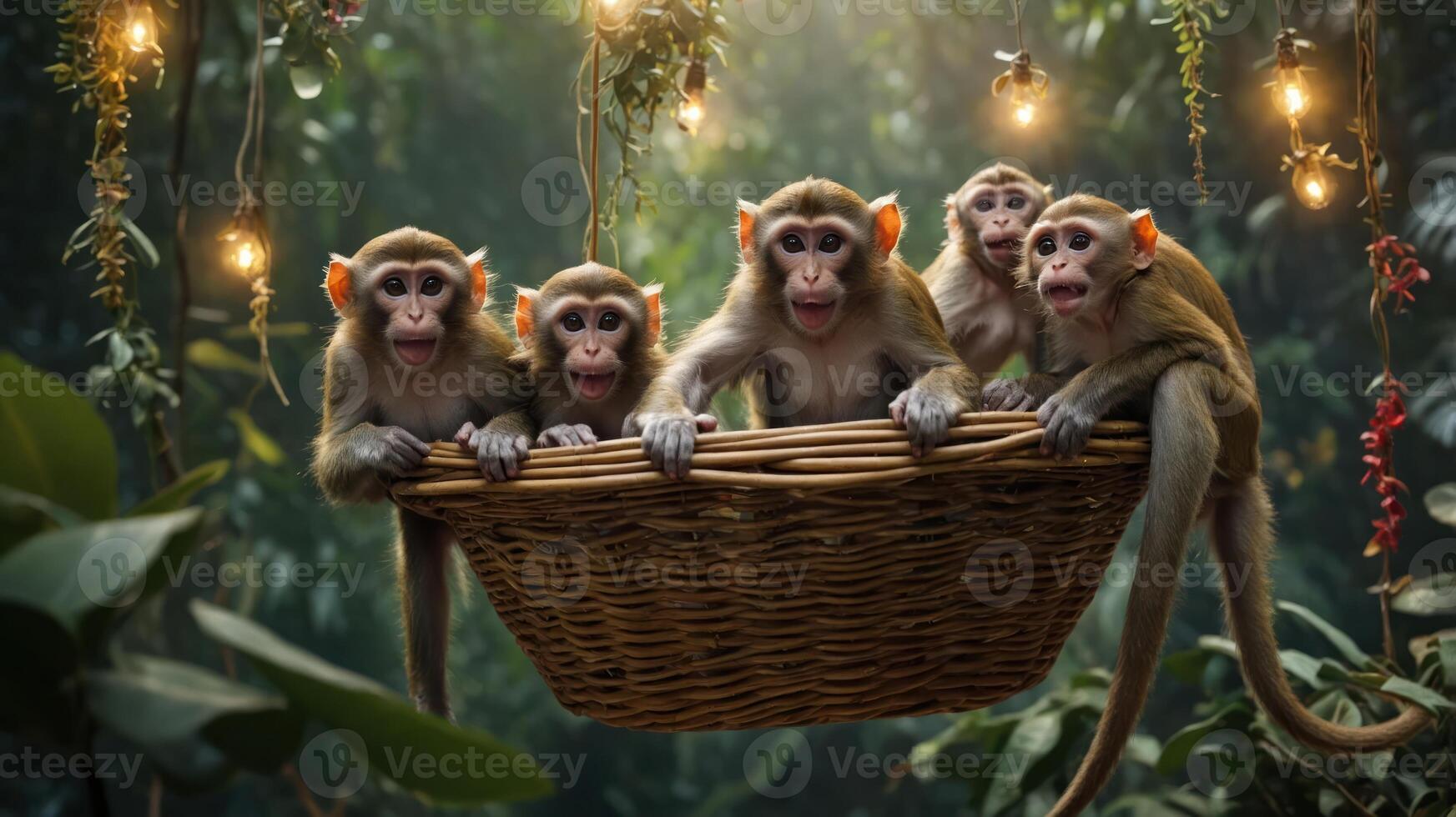 Five playful monkeys sitting in a basket surrounded by lush greenery and fairy lights. photo