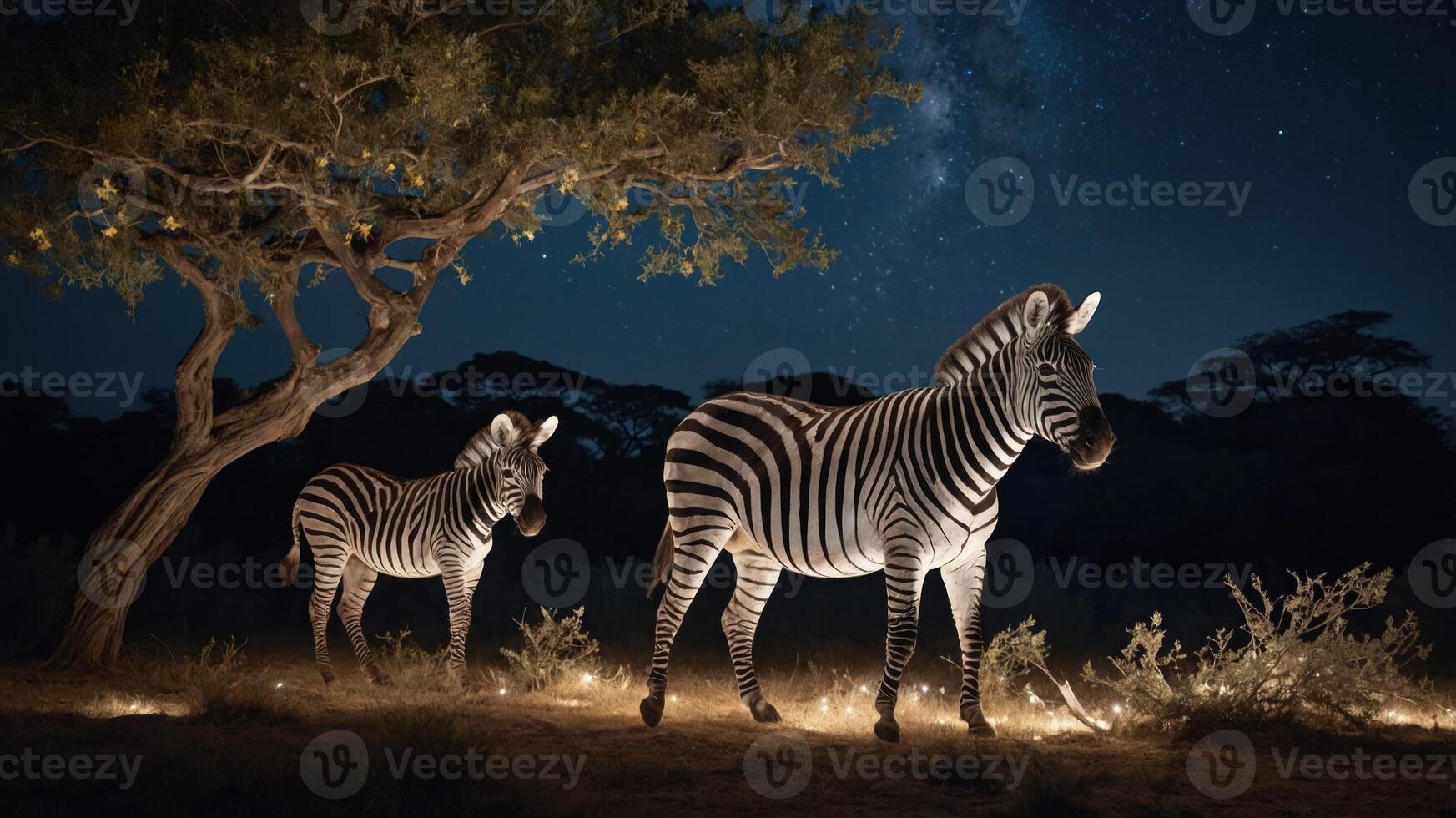 Two zebras illuminated at night under a tree with a starry sky backdrop. photo